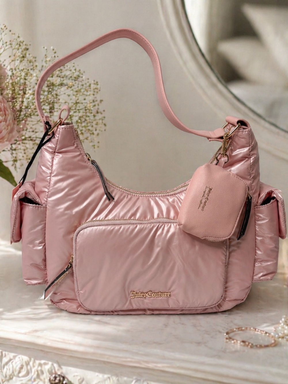 Juicy Couture Pink Puffer Shoulder Bag NWT Y2K Purse w Mini Pouch